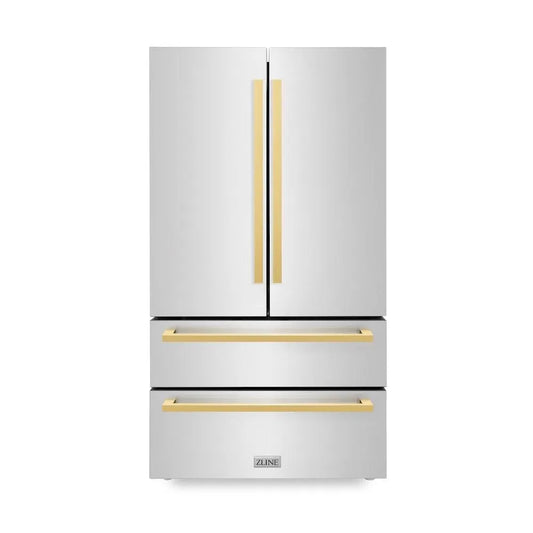 ZLINE Autograph Edition 36 in. 22.5 cu. ft. Counter-Depth French Door Refrigerator with Ice Maker in Fingerprint-Resistant Stainless Steel with Polished Gold Modern Handles (RFMZ-36-FG) main image.