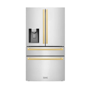 ZLINE Autograph Edition 36 in. 21.6 cu. ft. Counter-Depth French Door Refrigerator with Water and Ice Dispenser in Fingerprint-Resistant Stainless Steel with Polished Gold Modern Handles (RFMZ-W-36-FG) main image.