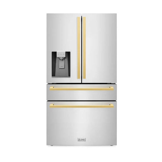 ZLINE Autograph Edition 36 in. 21.6 cu. ft. Counter-Depth French Door Refrigerator with Water and Ice Dispenser in Fingerprint-Resistant Stainless Steel with Polished Gold Modern Handles (RFMZ-W-36-FG) main image.
