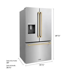ZLINE Autograph Edition 36 in. 28.9 cu. ft. Standard-Depth French Door External Water Dispenser Refrigerator with Dual Ice Maker in Fingerprint-Resistant Stainless Steel and Champagne Bronze Traditional Handles (RSMZ-W-36-CB)