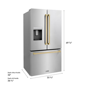 ZLINE Autograph Edition 36 in. 28.9 cu. ft. Standard-Depth French Door External Water Dispenser Refrigerator with Dual Ice Maker in Fingerprint-Resistant Stainless Steel and Champagne Bronze Traditional Handles (RSMZ-W-36-CB) dimensional diagram.