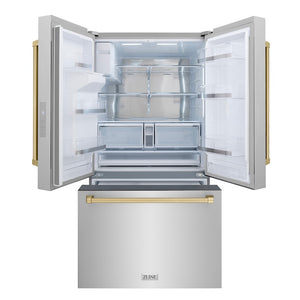 ZLINE Autograph Edition 36 in. 28.9 cu. ft. Standard-Depth French Door External Water Dispenser Refrigerator with Dual Ice Maker in Fingerprint-Resistant Stainless Steel and Champagne Bronze Traditional Handles (RSMZ-W-36-CB) front, refrigeration compartment and bottom freezer open.