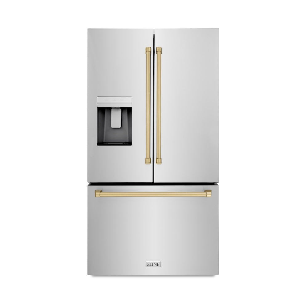 ZLINE Autograph Edition 36 in. 28.9 cu. ft. Standard-Depth French Door External Water Dispenser Refrigerator with Dual Ice Maker in Fingerprint-Resistant Stainless Steel and Champagne Bronze Traditional Handles (RSMZ-W-36-CB) front, closed.