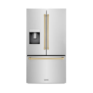 ZLINE Autograph Edition 36 in. 28.9 cu. ft. Standard-Depth French Door External Water Dispenser Refrigerator with Dual Ice Maker in Fingerprint-Resistant Stainless Steel and Champagne Bronze Traditional Handles (RSMZ-W-36-CB) front, closed.