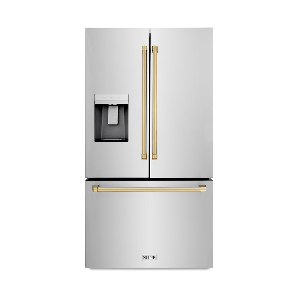 ZLINE Autograph Edition 36 in. 28.9 cu. ft. Standard-Depth French Door External Water Dispenser Refrigerator with Dual Ice Maker in Fingerprint-Resistant Stainless Steel and Champagne Bronze Traditional Handles (RSMZ-W-36-CB)
