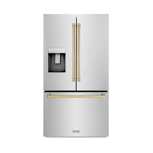 ZLINE Autograph Edition 36 in. 28.9 cu. ft. Standard-Depth French Door External Water Dispenser Refrigerator with Dual Ice Maker in Fingerprint-Resistant Stainless Steel and Champagne Bronze Traditional Handles (RSMZ-W-36-CB)