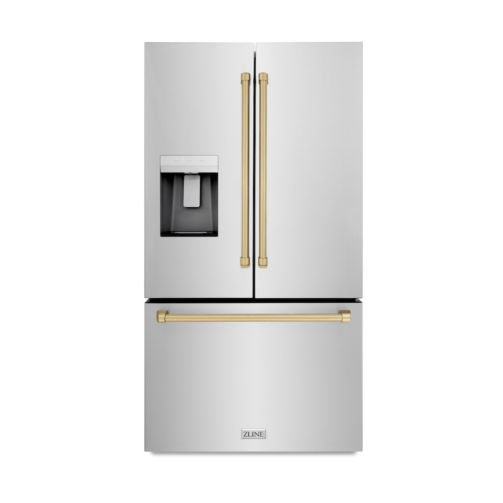 ZLINE Autograph Edition 36 in. 28.9 cu. ft. Standard-Depth French Door External Water Dispenser Refrigerator with Dual Ice Maker in Fingerprint-Resistant Stainless Steel and Champagne Bronze Traditional Handles (RSMZ-W-36-CB) main image.