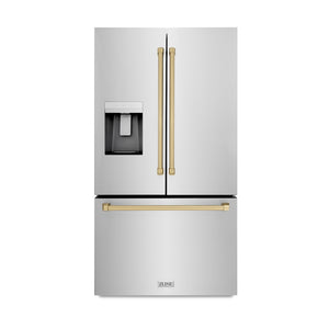 ZLINE Autograph Edition 36 in. 28.9 cu. ft. Standard-Depth French Door External Water Dispenser Refrigerator with Dual Ice Maker in Fingerprint-Resistant Stainless Steel and Champagne Bronze Traditional Handles (RSMZ-W-36-CB) main image.