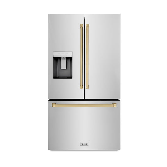 ZLINE Autograph Edition 36 in. 28.9 cu. ft. Standard-Depth French Door External Water Dispenser Refrigerator with Dual Ice Maker in Fingerprint-Resistant Stainless Steel and Champagne Bronze Traditional Handles (RSMZ-W-36-CB) main image.