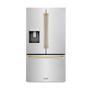 ZLINE Autograph Edition 36 in. 28.9 cu. ft. Standard-Depth French Door External Water Dispenser Refrigerator with Dual Ice Maker in Fingerprint-Resistant Stainless Steel and Champagne Bronze Traditional Handles (RSMZ-W-36-CB)