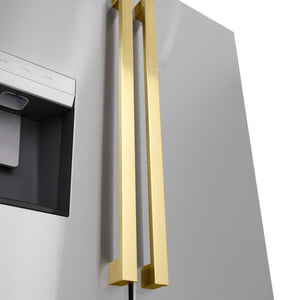 ZLINE Autograph Edition 36 in. 28.9 cu. ft. Standard-Depth French Door External Water Dispenser Refrigerator with Dual Ice Maker in Fingerprint Resistant Stainless Steel and Polished Gold Modern Handles (RSMZ-W-36-FG) close-up, modern Polished Gold handles on refrigeration compartment exterior.