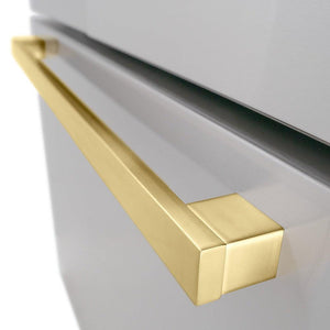 ZLINE Autograph Edition 36 in. 28.9 cu. ft. Standard-Depth French Door External Water Dispenser Refrigerator with Dual Ice Maker in Fingerprint Resistant Stainless Steel and Polished Gold Modern Handles (RSMZ-W-36-FG) close-up, modern Polished Gold handle on bottom freezer compartment exterior.