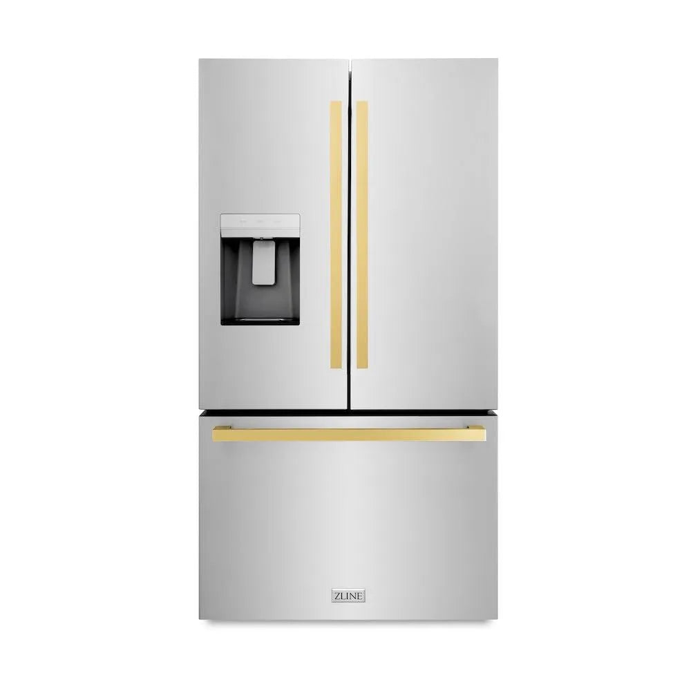 ZLINE Autograph Edition 36 in. 28.9 cu. ft. Standard-Depth French Door External Water Dispenser Refrigerator with Dual Ice Maker in Fingerprint-Resistant Stainless Steel and Polished Gold Modern Handles (RSMZ-W-36-FG) main image.