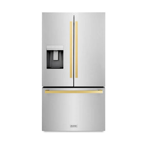 ZLINE Autograph Edition 36 in. 28.9 cu. ft. Standard-Depth French Door External Water Dispenser Refrigerator with Dual Ice Maker in Fingerprint-Resistant Stainless Steel and Polished Gold Modern Handles (RSMZ-W-36-FG) main image.