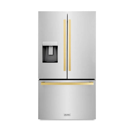 ZLINE Autograph Edition 36 in. 28.9 cu. ft. Standard-Depth French Door External Water Dispenser Refrigerator with Dual Ice Maker in Fingerprint-Resistant Stainless Steel and Polished Gold Modern Handles (RSMZ-W-36-FG) main image.