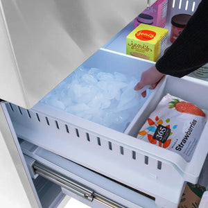 ZLINE Autograph Edition 36 in. 28.9 cu. ft. Standard-Depth French Door External Water Dispenser Refrigerator with Dual Ice Maker in Fingerprint Resistant Stainless Steel and Polished Gold Modern Handles (RSMZ-W-36-FG) accessing ice in bottom freezer compartment.