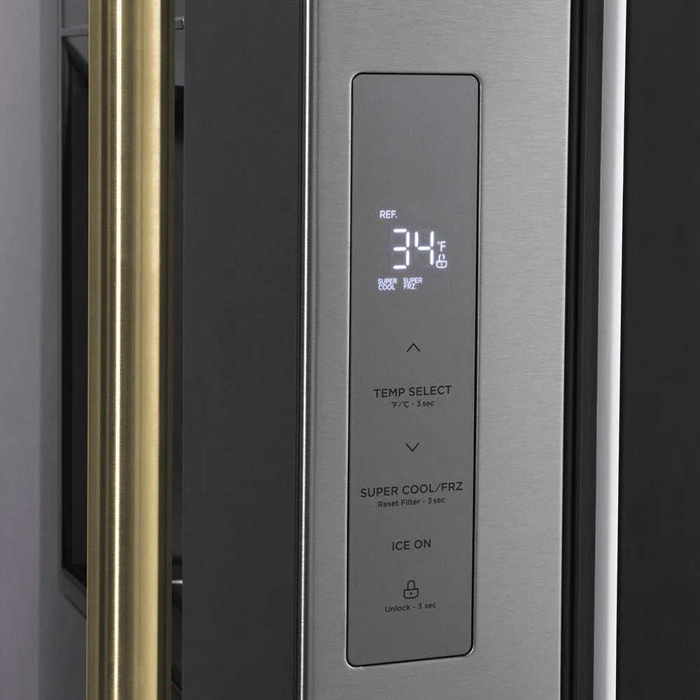 Digital temperature control panel on a ZLINE Autograph Edition 36 in. 28.9 cu. ft. Standard-Depth French Door External Water Dispenser Refrigerator with Dual Ice Maker in Fingerprint-Resistant Stainless Steel and Polished Gold Traditional Handles (RSMZ-W-36-G) door with display and buttons.