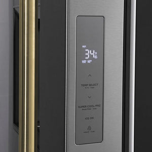 Digital temperature control panel on a ZLINE Autograph Edition 36 in. 28.9 cu. ft. Standard-Depth French Door External Water Dispenser Refrigerator with Dual Ice Maker in Fingerprint-Resistant Stainless Steel and Polished Gold Traditional Handles (RSMZ-W-36-G) door with display and buttons.