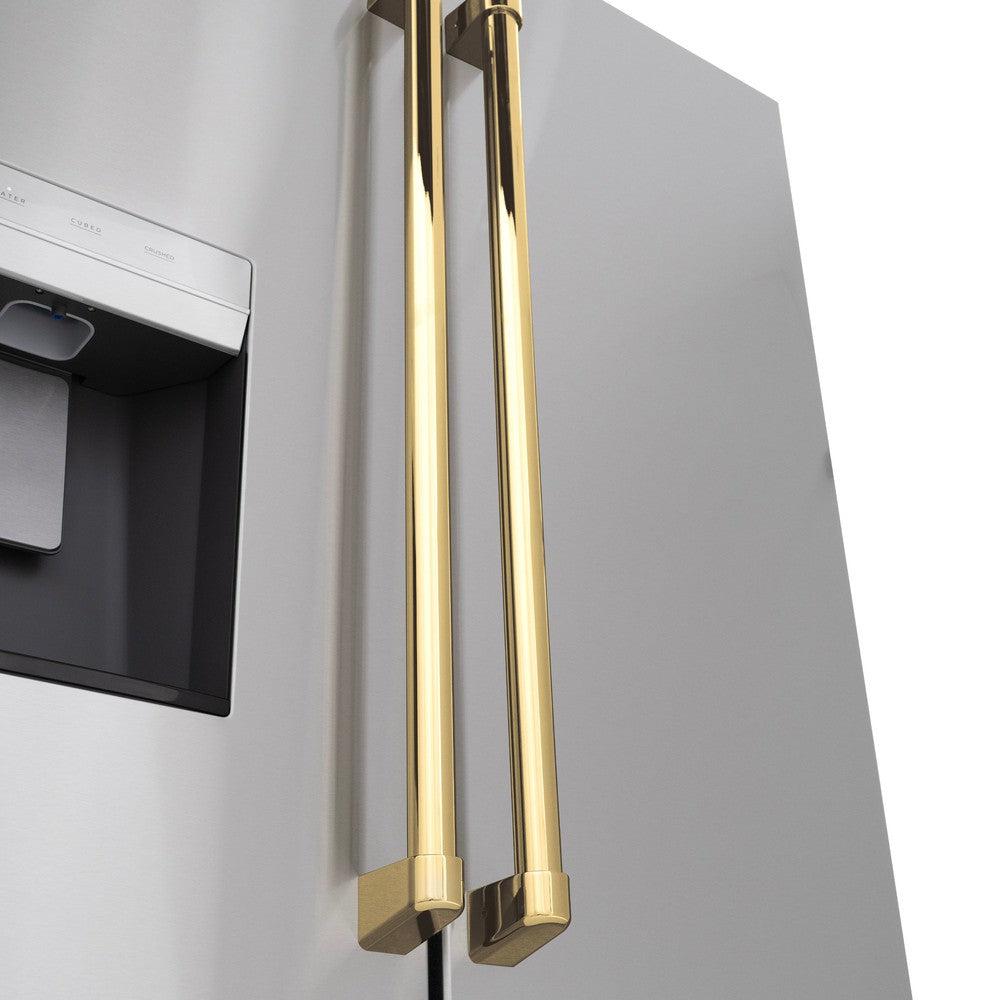 ZLINE Autograph Edition 36 in. 28.9 cu. ft. Standard-Depth French Door External Water Dispenser Refrigerator with Dual Ice Maker in Fingerprint Resistant Stainless Steel and Polished Gold Handles (RSMZ-W-36-G)  close up, Polished Gold handles on refrigeration compartment exterior.