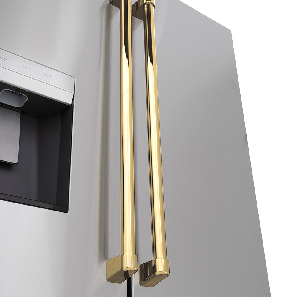 ZLINE Autograph Edition 36 in. 28.9 cu. ft. Standard-Depth French Door External Water Dispenser Refrigerator with Dual Ice Maker in Fingerprint-Resistant Stainless Steel and Polished Gold Traditional Handles (RSMZ-W-36-G)