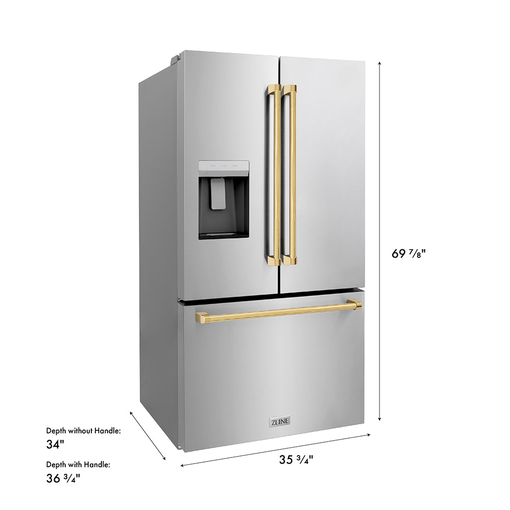 ZLINE Autograph Edition 36 in. 28.9 cu. ft. Standard-Depth French Door External Water Dispenser Refrigerator with Dual Ice Maker in Fingerprint-Resistant Stainless Steel and Polished Gold Traditional Handles (RSMZ-W-36-G)