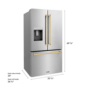 ZLINE Autograph Edition 36 in. 28.9 cu. ft. Standard-Depth French Door External Water Dispenser Refrigerator with Dual Ice Maker in Fingerprint-Resistant Stainless Steel and Polished Gold Traditional Handles (RSMZ-W-36-G)
