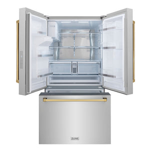 ZLINE Autograph Edition 36 in. 28.9 cu. ft. Standard-Depth French Door External Water Dispenser Refrigerator with Dual Ice Maker in Fingerprint-Resistant Stainless Steel and Polished Gold Traditional Handles (RSMZ-W-36-G)
