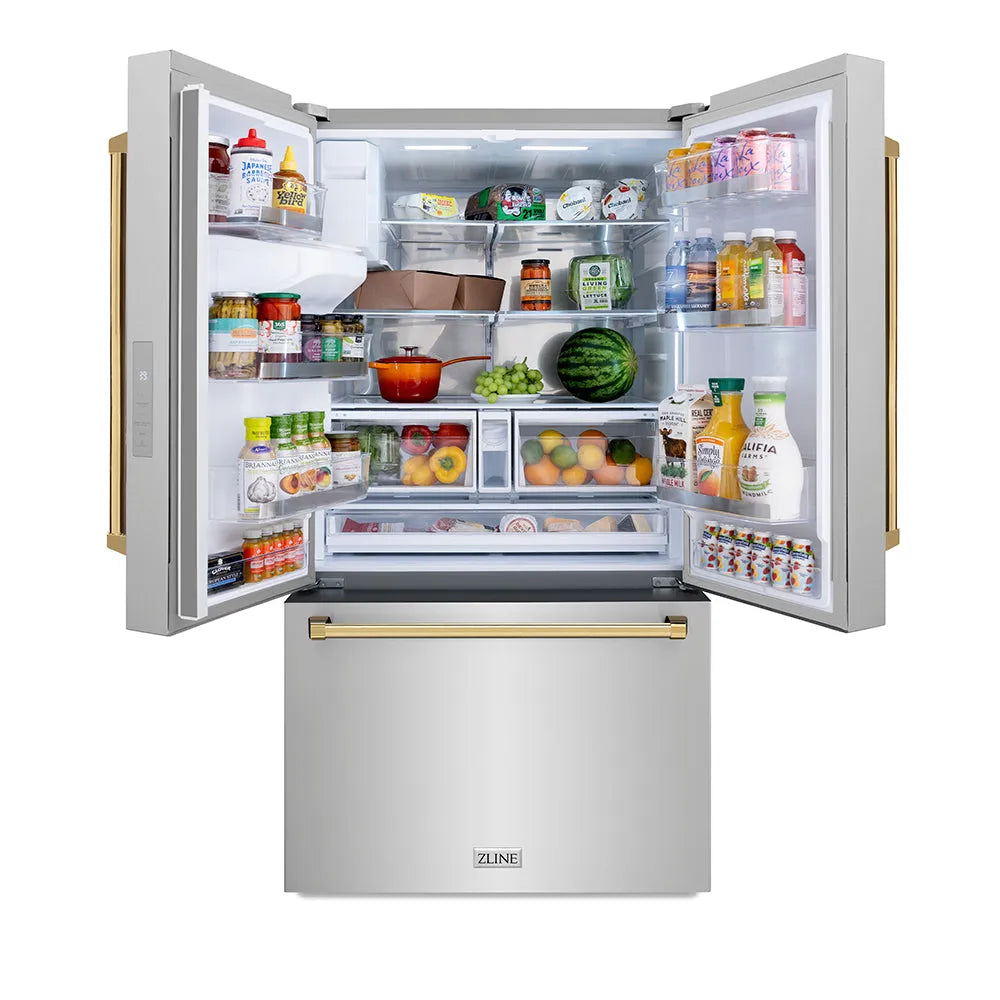 Open ZLINE Autograph Edition 36 in. 28.9 cu. ft. Standard-Depth French Door External Water Dispenser Refrigerator with Dual Ice Maker in Fingerprint-Resistant Stainless Steel and Polished Gold Traditional Handles (RSMZ-W-36-G) with various food items on a white background