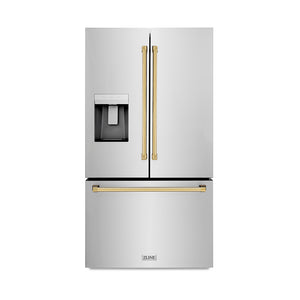 ZLINE Autograph Edition 36 in. 28.9 cu. ft. Standard-Depth French Door External Water Dispenser Refrigerator with Dual Ice Maker in Fingerprint-Resistant Stainless Steel and Polished Gold Traditional Handles (RSMZ-W-36-G)