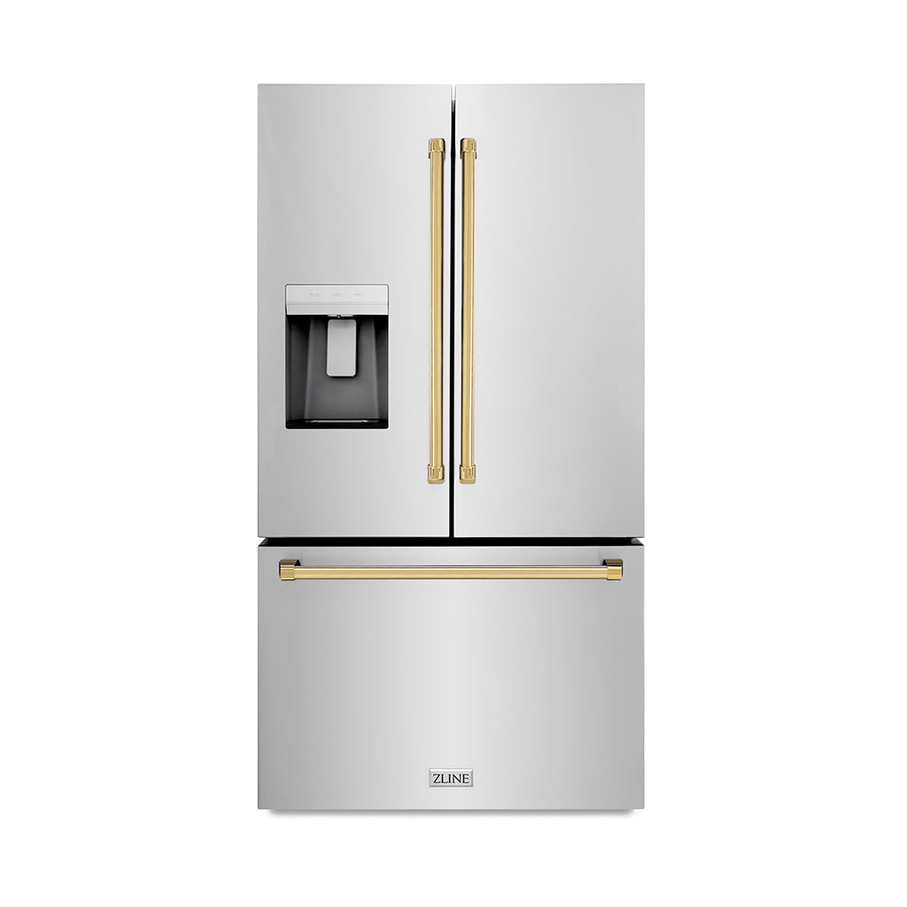 ZLINE Autograph Edition 36 in. 28.9 cu. ft. Standard-Depth French Door External Water Dispenser Refrigerator with Dual Ice Maker in Fingerprint-Resistant Stainless Steel and Polished Gold Traditional Handles (RSMZ-W-36-G) front, closed.