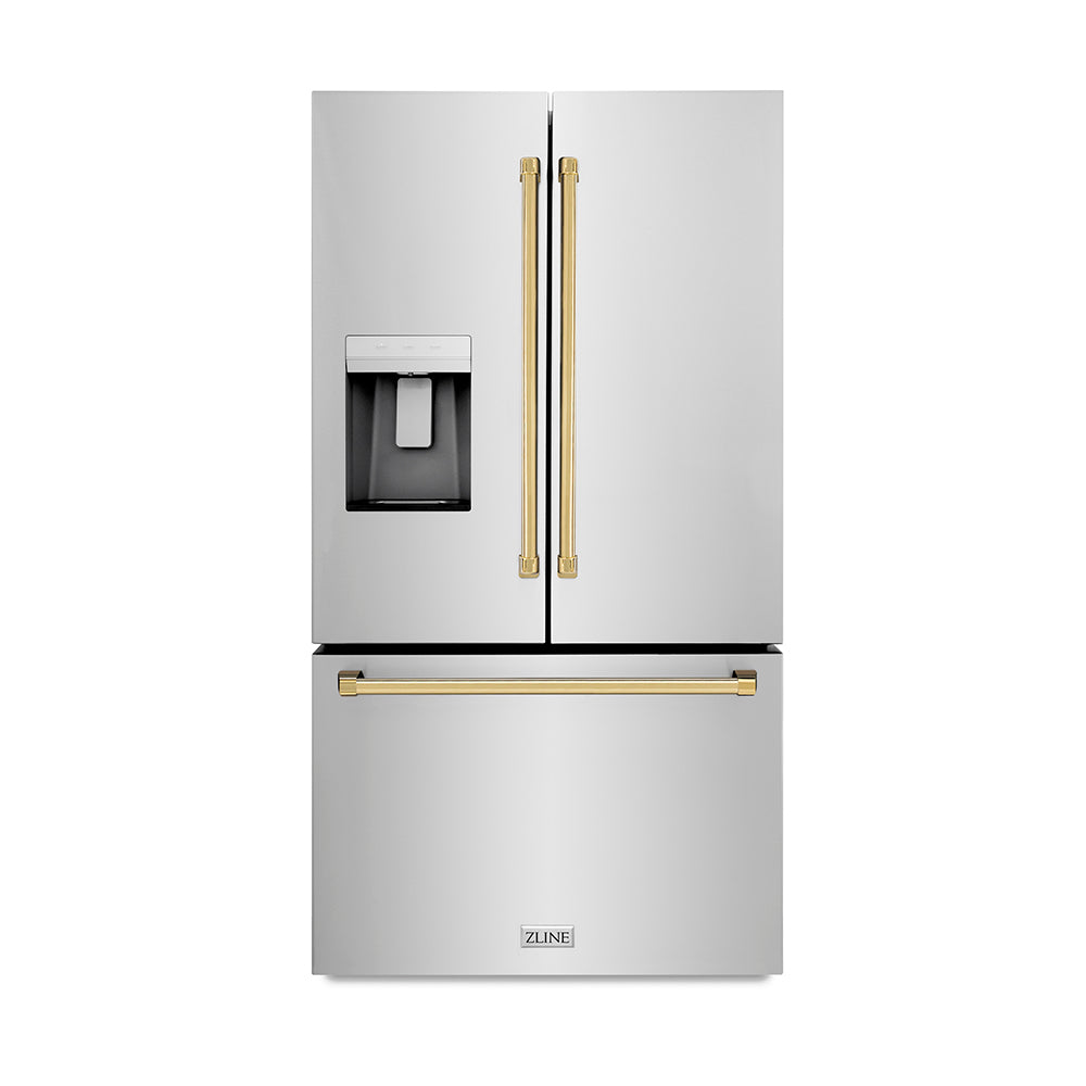 ZLINE Autograph Edition 36 in. 28.9 cu. ft. Standard-Depth French Door External Water Dispenser Refrigerator with Dual Ice Maker in Fingerprint-Resistant Stainless Steel and Polished Gold Traditional Handles (RSMZ-W-36-G) main image.