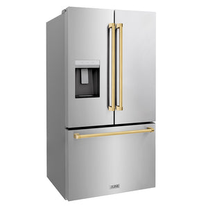 ZLINE Autograph Edition 36 in. 28.9 cu. ft. Standard-Depth French Door External Water Dispenser Refrigerator with Dual Ice Maker in Fingerprint-Resistant Stainless Steel and Polished Gold Traditional Handles (RSMZ-W-36-G) side, closed.