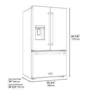 ZLINE Autograph Edition 36 in. 28.9 cu. ft. Standard-Depth French Door External Water Dispenser Refrigerator with Dual Ice Maker in Fingerprint-Resistant Stainless Steel and Champagne Bronze Helix Handles (RSMZ-W-36-KCB) dimensional diagram.