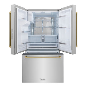 ZLINE Autograph Edition 36 in. 28.9 cu. ft. Standard-Depth French Door External Water Dispenser Refrigerator with Dual Ice Maker in Fingerprint-Resistant Stainless Steel and Champagne Bronze Helix Handles (RSMZ-W-36-KCB) front, open.