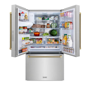 ZLINE Autograph Edition 36 in. 28.9 cu. ft. Standard-Depth French Door External Water Dispenser Refrigerator with Dual Ice Maker in Fingerprint-Resistant Stainless Steel and Champagne Bronze Helix Handles (RSMZ-W-36-KCB) front, open.