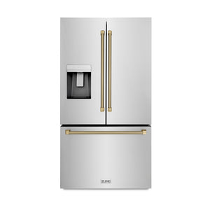 ZLINE Autograph Edition 36 in. 28.9 cu. ft. Standard-Depth French Door External Water Dispenser Refrigerator with Dual Ice Maker in Fingerprint-Resistant Stainless Steel and Champagne Bronze Helix Handles (RSMZ-W-36-KCB)