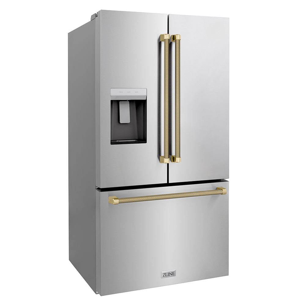 ZLINE Autograph Edition 36 in. 28.9 cu. ft. Standard-Depth French Door External Water Dispenser Refrigerator with Dual Ice Maker in Fingerprint-Resistant Stainless Steel and Champagne Bronze Helix Handles (RSMZ-W-36-KCB) side.