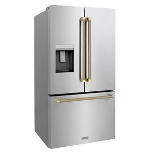 ZLINE Autograph Edition 36 in. 28.9 cu. ft. Standard-Depth French Door External Water Dispenser Refrigerator with Dual Ice Maker in Fingerprint-Resistant Stainless Steel and Champagne Bronze Helix Handles (RSMZ-W-36-KCB) side.