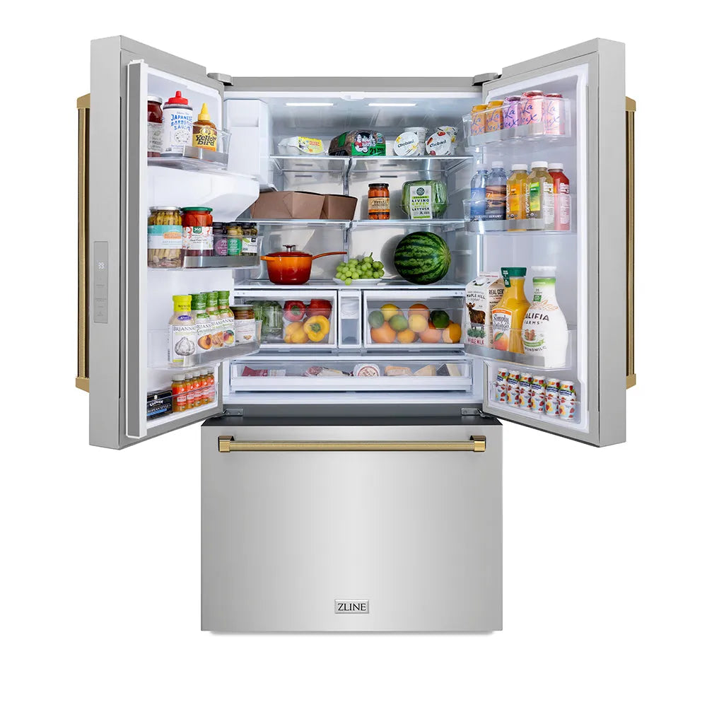 ZLINE Autograph Edition 36 in. 28.9 cu. ft. Standard-Depth French Door External Water Dispenser Refrigerator with Dual Ice Maker in Fingerprint-Resistant Stainless Steel and Polished Gold Helix Handles (RSMZ-W-36-KG) front, open.