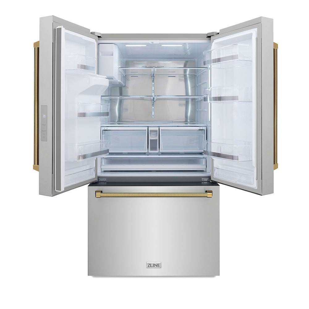 ZLINE Autograph Edition 36 in. 28.9 cu. ft. Standard-Depth French Door External Water Dispenser Refrigerator with Dual Ice Maker in Fingerprint-Resistant Stainless Steel and Polished Gold Helix Handles (RSMZ-W-36-KG) front, open.