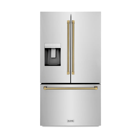ZLINE Autograph Edition 36 in. 28.9 cu. ft. Standard-Depth French Door External Water Dispenser Refrigerator with Dual Ice Maker in Fingerprint-Resistant Stainless Steel and Polished Gold Helix Handles (RSMZ-W-36-KG)