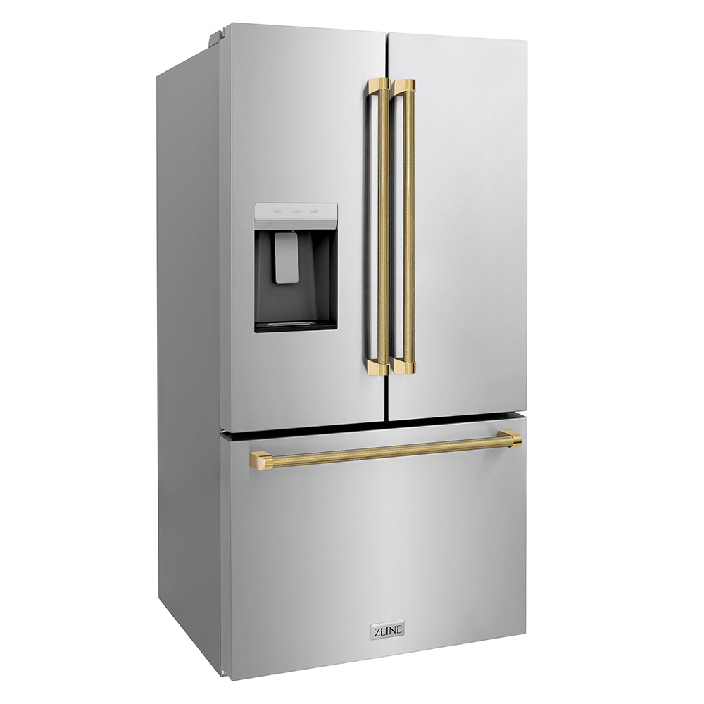 ZLINE Autograph Edition 36 in. 28.9 cu. ft. Standard-Depth French Door External Water Dispenser Refrigerator with Dual Ice Maker in Fingerprint-Resistant Stainless Steel and Polished Gold Helix Handles (RSMZ-W-36-KG) side.