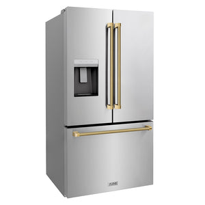 ZLINE Autograph Edition 36 in. 28.9 cu. ft. Standard-Depth French Door External Water Dispenser Refrigerator with Dual Ice Maker in Fingerprint-Resistant Stainless Steel and Polished Gold Helix Handles (RSMZ-W-36-KG) side.