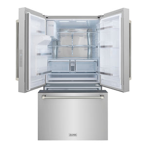 ZLINE Autograph Edition 36 in. 28.9 cu. ft. Standard-Depth French Door External Water Dispenser Refrigerator with Dual Ice Maker in Fingerprint-Resistant Stainless Steel and Polished Nickel Helix Handles (RSMZ-W-36-KPN) front, open.