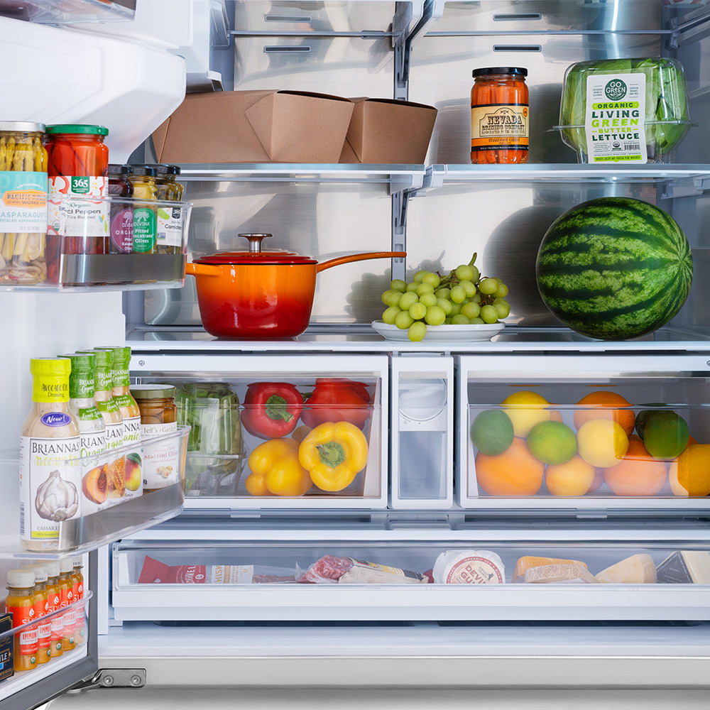 ZLINE Autograph Edition 36 in. 28.9 cu. ft. Standard-Depth French Door External Water Dispenser Refrigerator with Dual Ice Maker in Fingerprint-Resistant Stainless Steel and Polished Nickel Helix Handles (RSMZ-W-36-KPN) front, open.