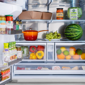 ZLINE Autograph Edition 36 in. 28.9 cu. ft. Standard-Depth French Door External Water Dispenser Refrigerator with Dual Ice Maker in Fingerprint-Resistant Stainless Steel and Polished Nickel Helix Handles (RSMZ-W-36-KPN) front, open.