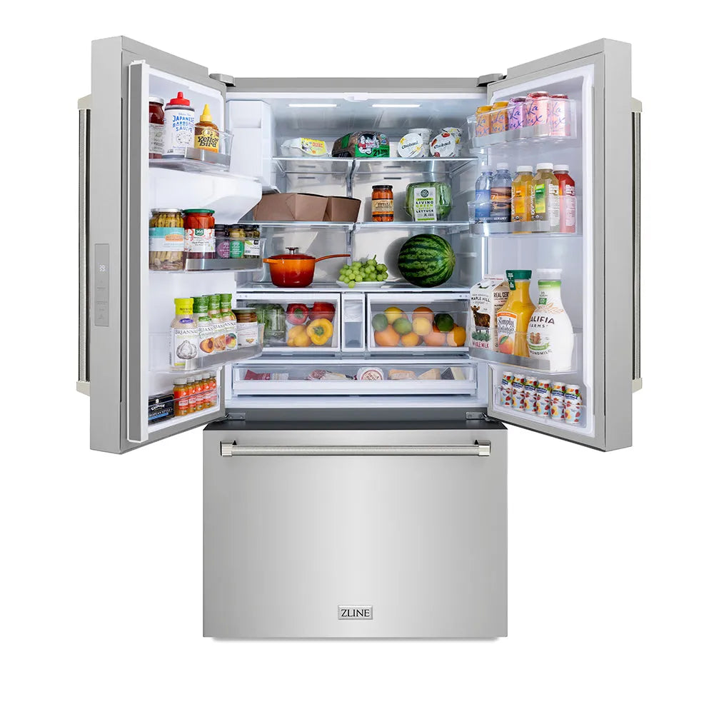 ZLINE Autograph Edition 36 in. 28.9 cu. ft. Standard-Depth French Door External Water Dispenser Refrigerator with Dual Ice Maker in Fingerprint-Resistant Stainless Steel and Polished Nickel Helix Handles (RSMZ-W-36-KPN) front, open.