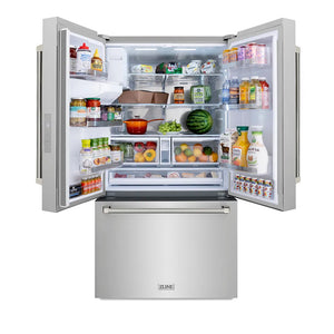 ZLINE Autograph Edition 36 in. 28.9 cu. ft. Standard-Depth French Door External Water Dispenser Refrigerator with Dual Ice Maker in Fingerprint-Resistant Stainless Steel and Polished Nickel Helix Handles (RSMZ-W-36-KPN) front, open.