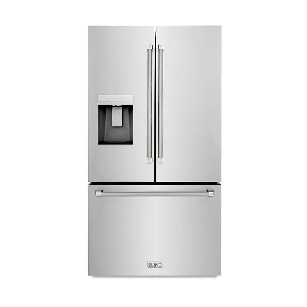 ZLINE Autograph Edition 36 in. 28.9 cu. ft. Standard-Depth French Door External Water Dispenser Refrigerator with Dual Ice Maker in Fingerprint-Resistant Stainless Steel and Polished Nickel Helix Handles (RSMZ-W-36-KPN)