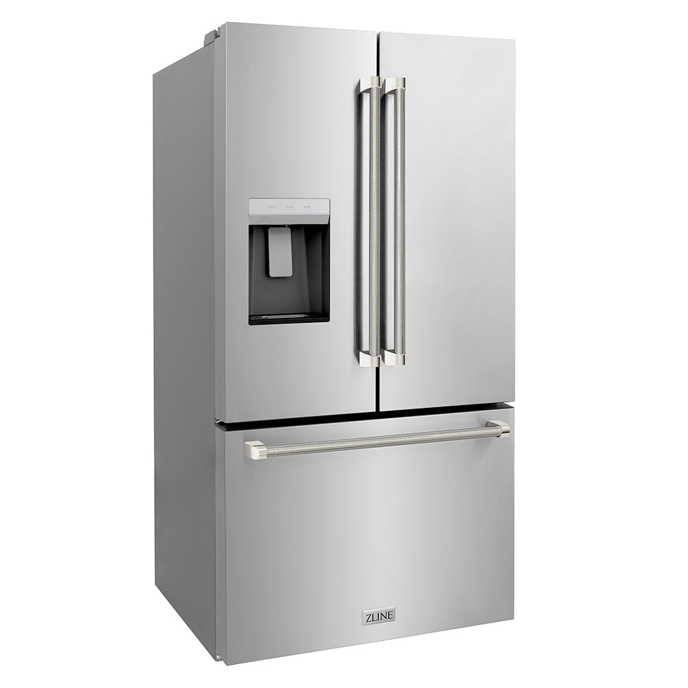 ZLINE Autograph Edition 36 in. 28.9 cu. ft. Standard-Depth French Door External Water Dispenser Refrigerator with Dual Ice Maker in Fingerprint-Resistant Stainless Steel and Polished Nickel Helix Handles (RSMZ-W-36-KPN) side.